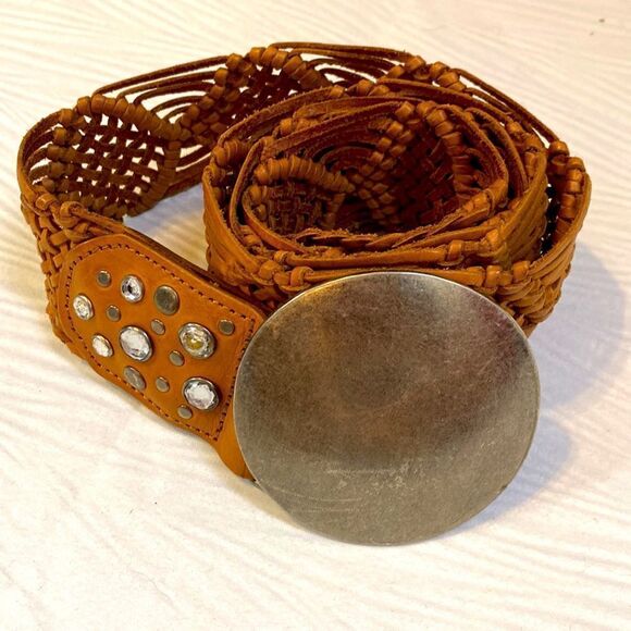 Bebe Natural Leather Woven Belt large Silver tone Buckle and some sparkles m/l - Picture 5 of 6